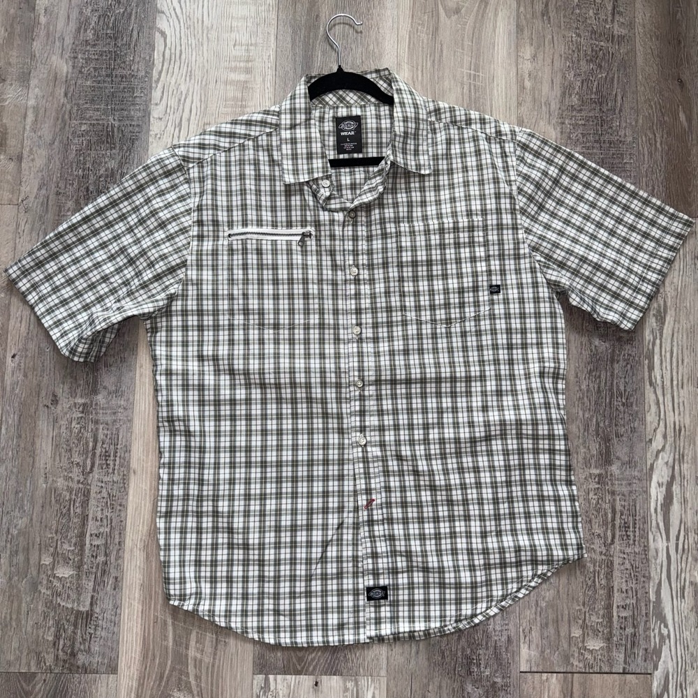 Dickies Wear Check Plaid Short Sleeve Casual Shirt Men's Size L Gray Button Up